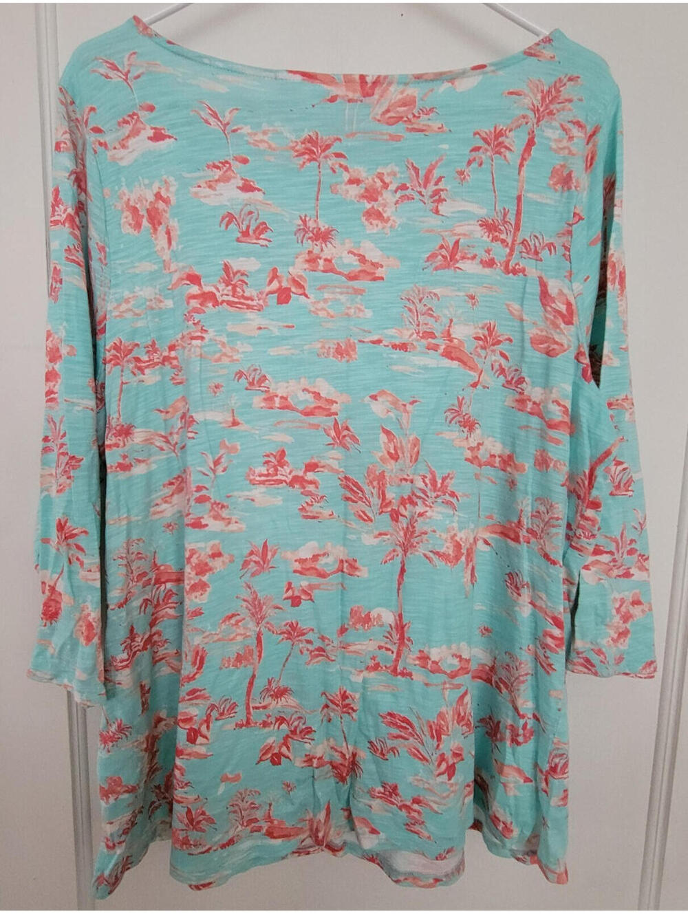 Belle by Kim Gravel Women's Top XL Pink Palm trees Tropical Long sleeves Blue - Picture 3 of 7